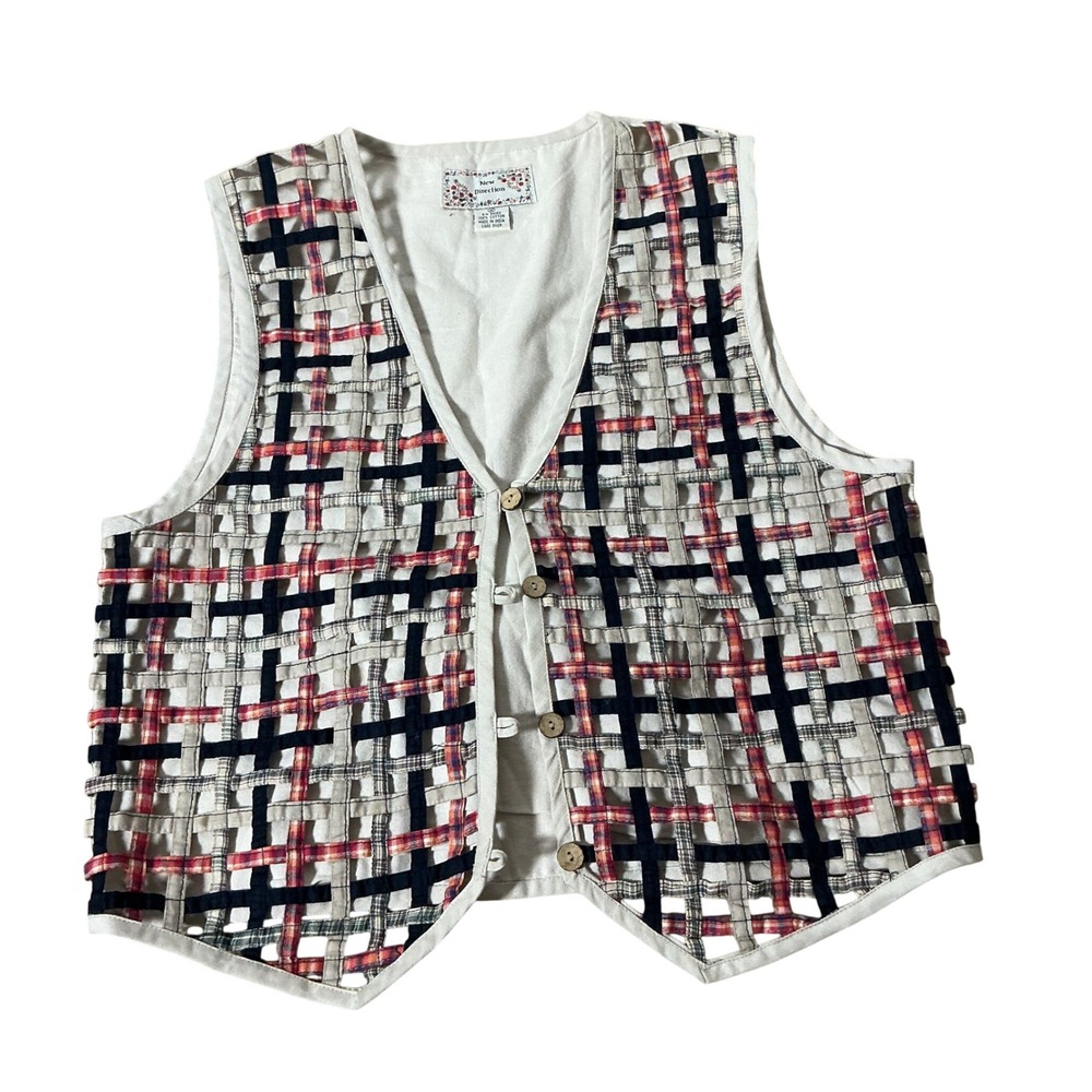 New Direction Woven Cage Plaid Vest Womens Medium White Boho Lattice Layering